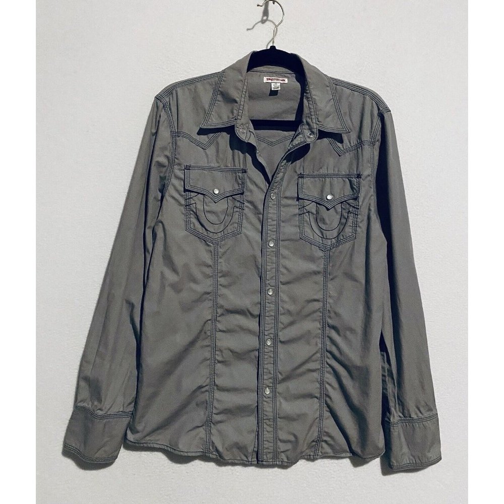True Religion Shirt Mens Medium Western Pearl Snap Long Sleeve Gray Cotton